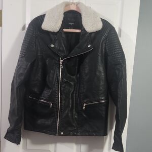 Forever 21 Black Faux Leather Jacket with Cream Sherpa Collar - Men's